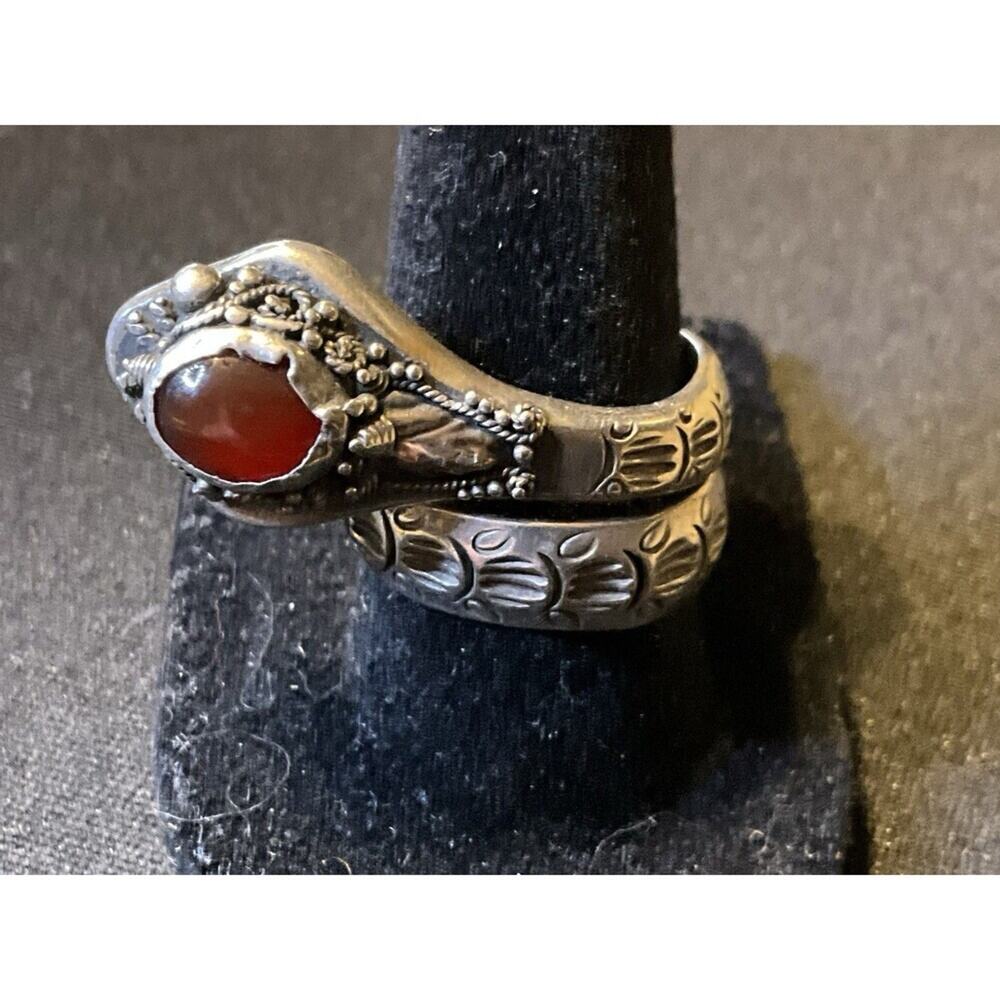 925 Sterling Silver Vintage Snake Wrap Ring Garnet Gem Size 9